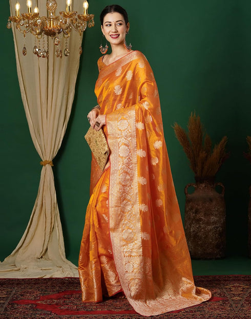 Vasthrlay Banarasi Kanjivaram Unstitched Orange Saree