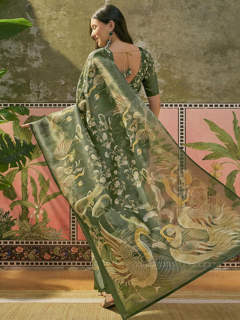 Vasthrlay Shimmer Printed Unstitched Lime Green Saree