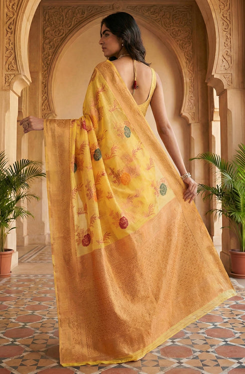 Vasthrlay Yellow Jacquard Floral Saree