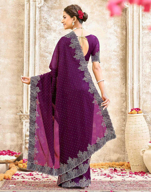 Vasthrlay Womens Scalloped Dark Purple Saree With Unstitched Blouse Piece