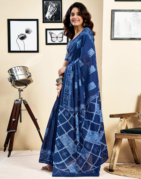 Vasthrlay Womens Printed Dark Blue Saree With Unstitched Blouse Piece