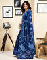 Vasthrlay Womens Printed Dark Blue Saree With Unstitched Blouse Piece