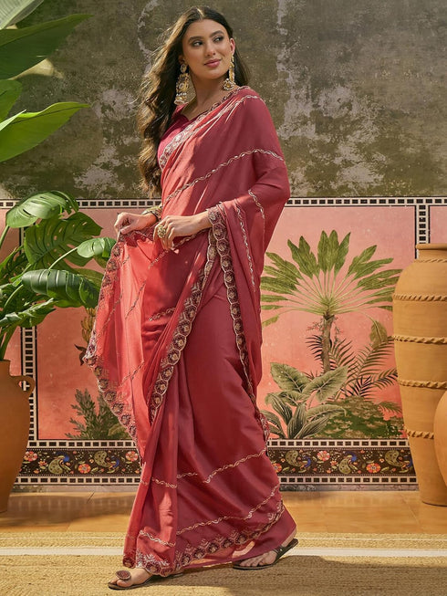 Vasthrlay Georgette Embroidery Peach Saree