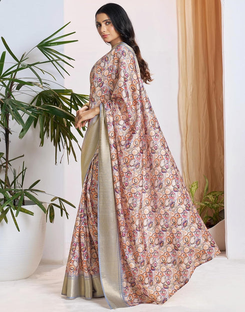 Vasthrlay Womens Printed Unstitched Beige Saree
