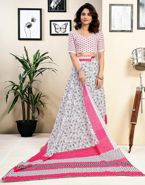 Vasthrlay Womens Printed Unstitched White Saree