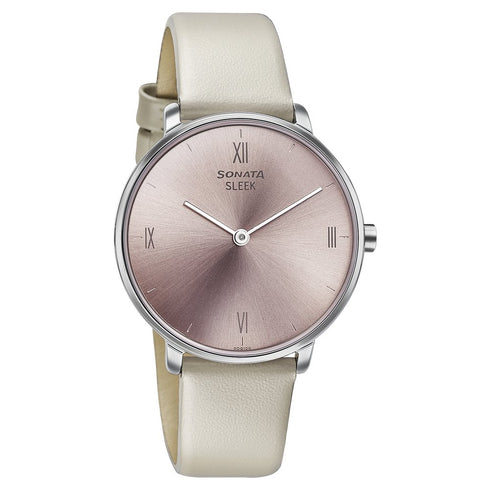Sonata Sleek Quartz Analog Pink Dial Beige Leather Strap Watch for Women
