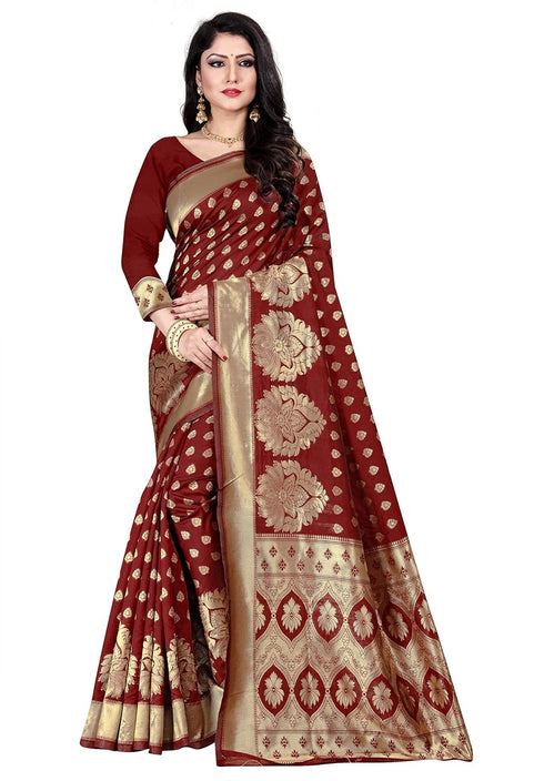 Vsathrlay Maroon Blend Banarasi Pari Ethnic Wear