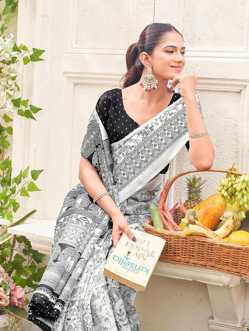 Vasthrlay Womens Printed Off-White Saree With Black Unstitched Blouse Piece