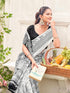 Vasthrlay Womens Printed Off-White Saree With Black Unstitched Blouse Piece