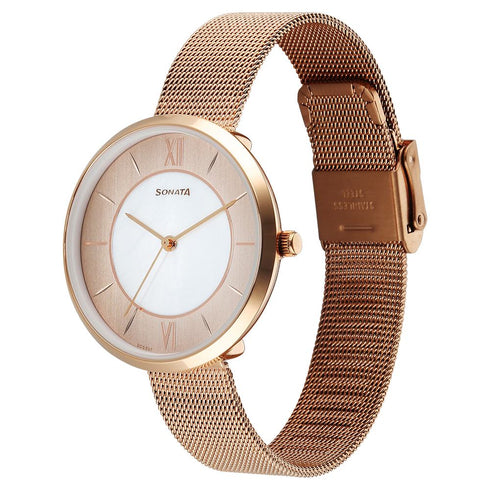 Sonata Modern Edit Quartz Analog Rose Gold Mother Of Pearl Dial Stainless Steel Strap Watch For Women