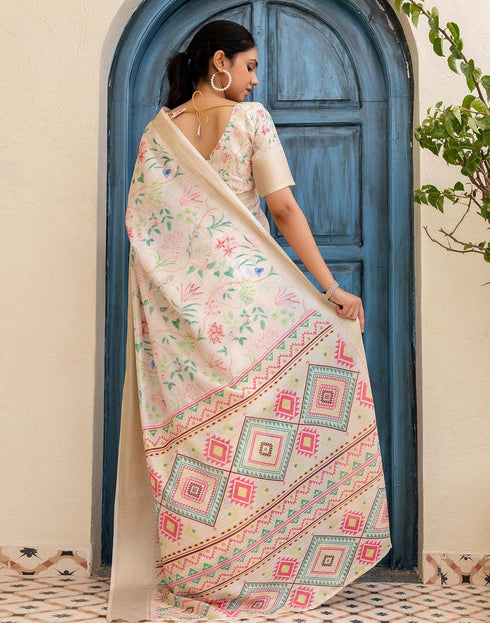 Vasthrlay Womens Printed Unstitched Beige Saree