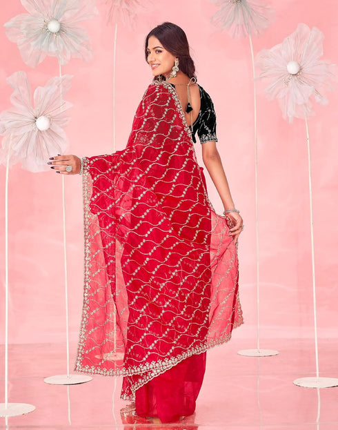 Vasthrlay Embroidery Scalloped Unstitched Red Saree