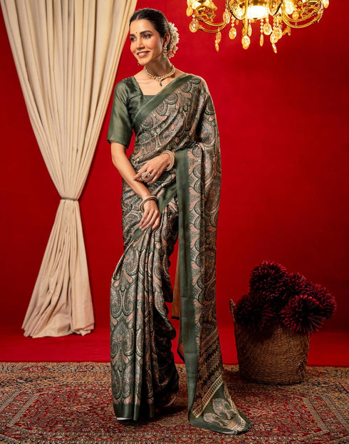 Vasthrlay Chiffon Printed Unstitched Dark Green Saree