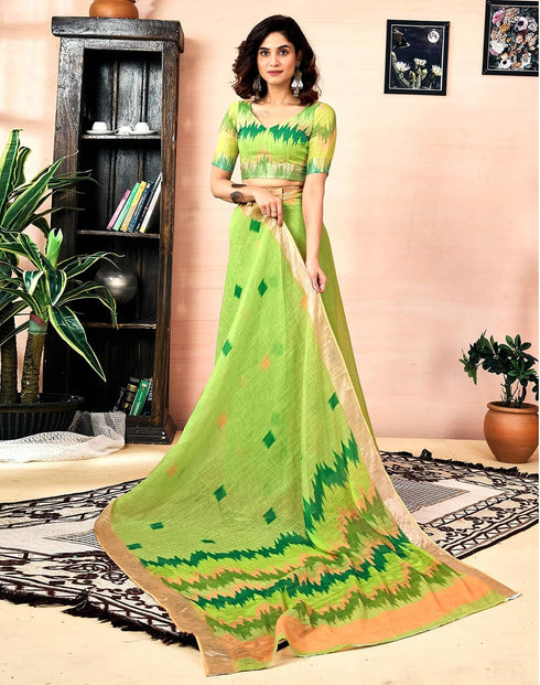 Vasthrlay Womens Printed Light Green Saree With Unstitched Blouse Piece