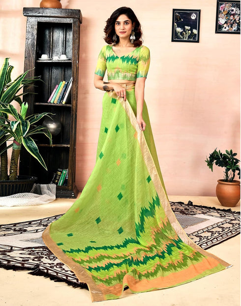 Vasthrlay Womens Printed Unstitched Dark Green Saree