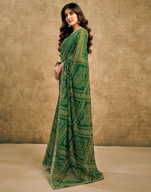Vasthrlay Georgette Bandhani Dark Green Saree With Unstitched Blouse Piece