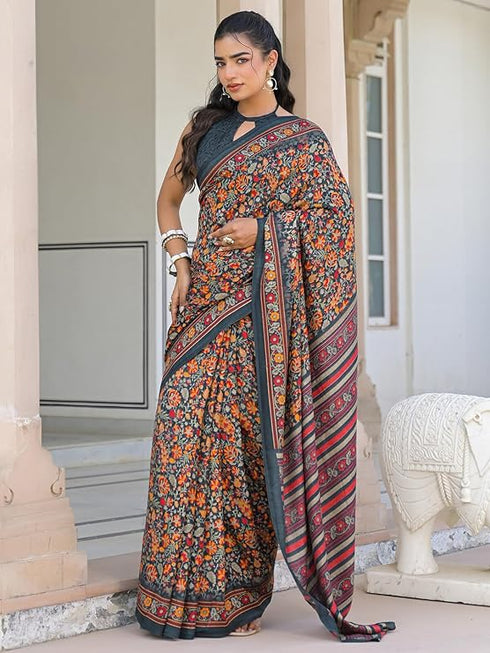 Vasthrlay Womens Printed Unstitched Dark Green Saree