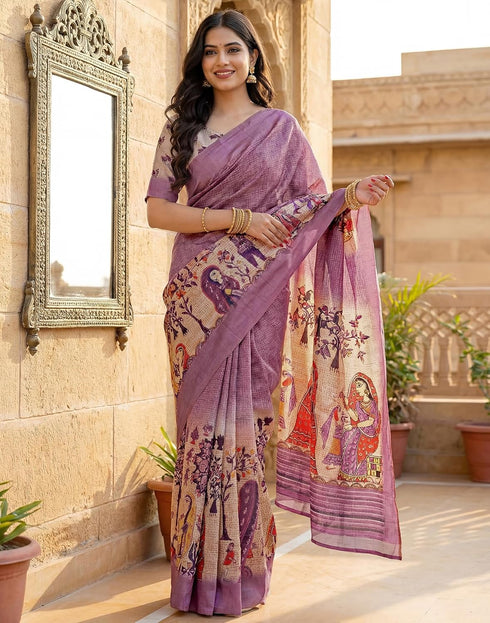 Vasthrlay Womens Printed Dusty Mauve | Beige Saree With Unstitched Blouse Piece