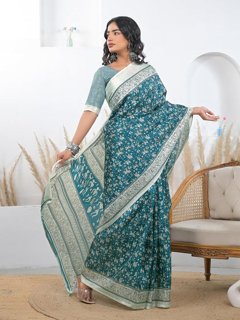 Vasthrlay Printed Tassels Unstitched Khaki Saree