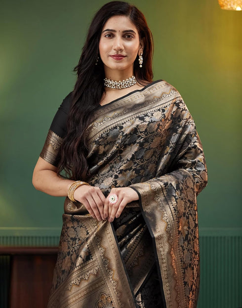 Vasthrlay Banarasi Kanjivaram Unstitched Black Saree
