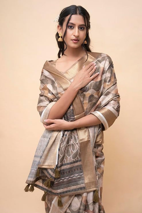 Vasthrlay Tan Beige Geometric Print Polyester Saree With Dull Gold Zari Border And Unstitched Blouse Piece
