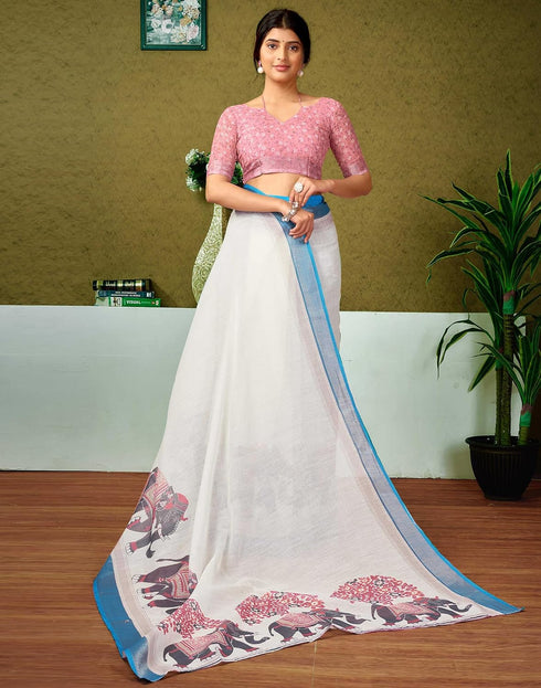 Vasthrlay Womens Cotton Printed White Saree With Pink Unstitched Blouse Piece
