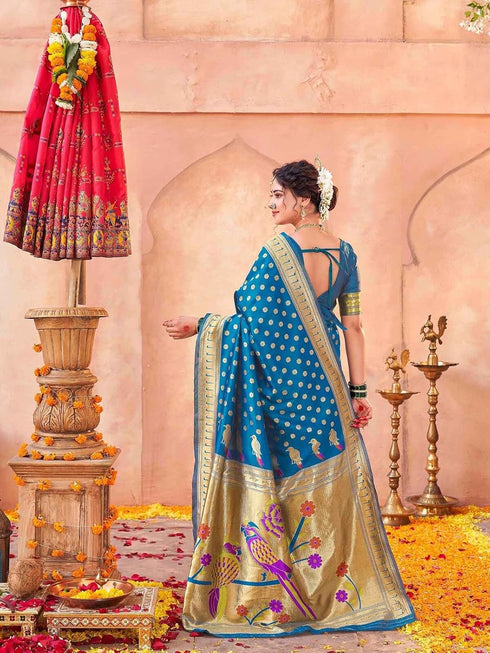 Vasthrlay Weaving Paithani Unstitched Teal Saree