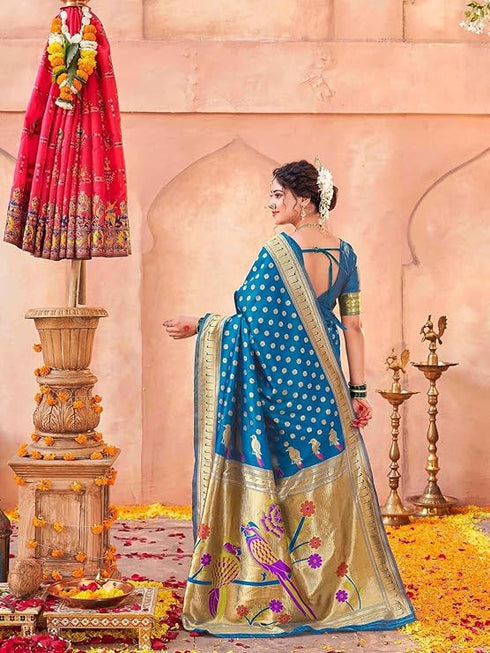 Vasthrlay Weaving Paithani Unstitched Teal Saree