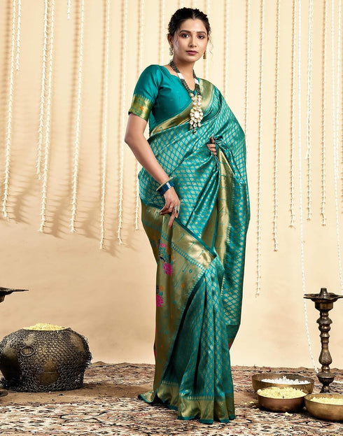 Vasthrlay Jacquard Paithani Teal Green Saree With Unstitched Blouse Piece
