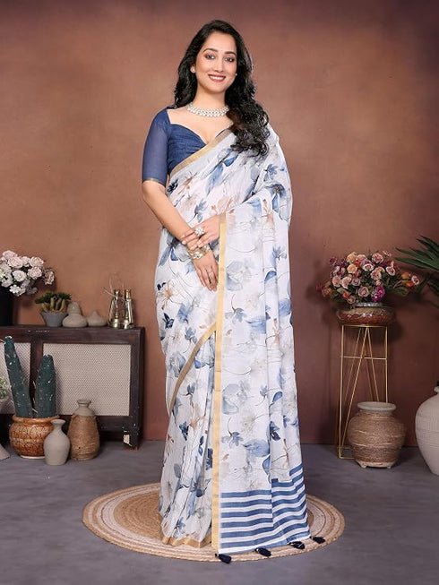 Vasthrlay White1 Floral Printed Design Linen Saree With Solid Unstitched Linen Blouse Piece