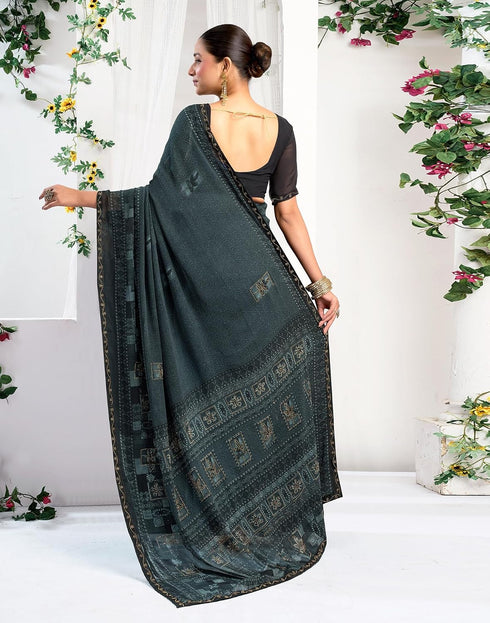 Vasthrlay Georgette Printed Black And Dark Grey Saree With Unstitched Blouse Piece
