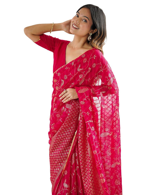 Vasthrlay Georgette Weaving Unstitched Red Saree