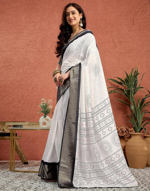 Vasthrlay Womens Printed White And Black Saree With Unstitched Blouse Piece