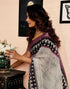 Vasthrlay Womens Printed White Saree With Black Unstitched Blouse Piece