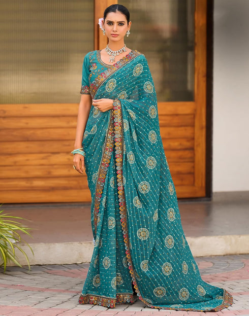 Vasthrlay Georgette Scalloped Unstitched Dark Green Saree