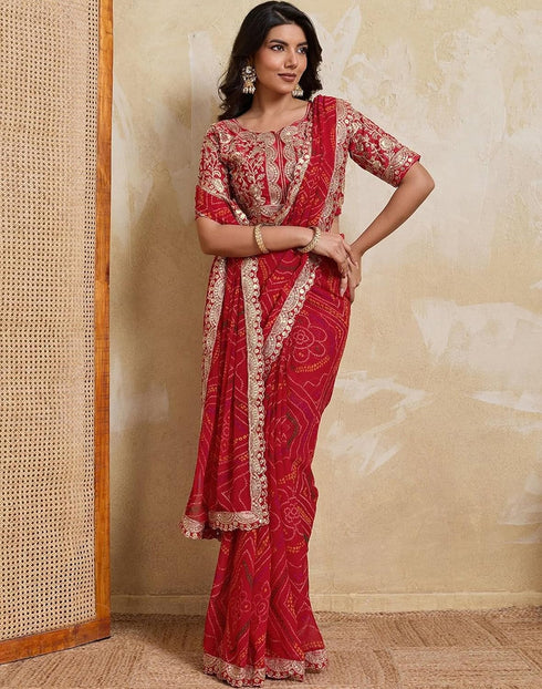 Vasthrlay Georgette Embroidery Unstitched Red Saree