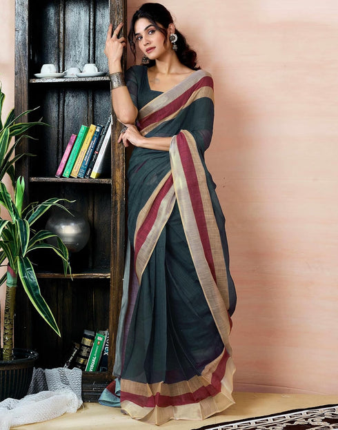 Vasthrlay Womens Printed Unstitched Dark Green Saree