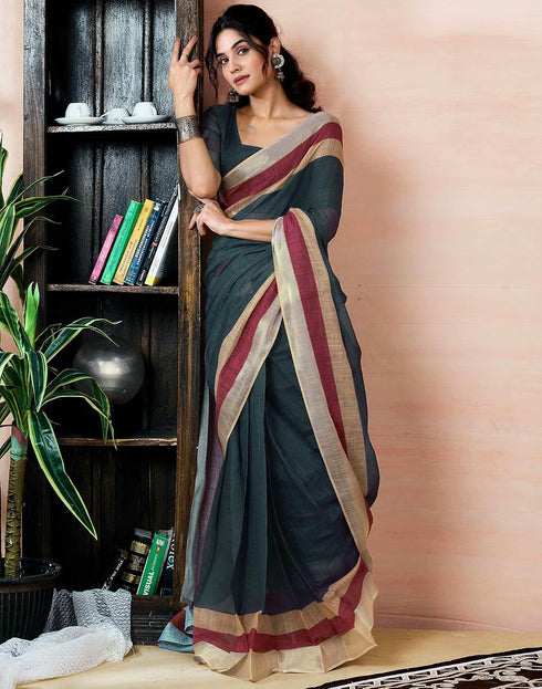 Vasthrlay Womens Printed Beige And Dark Grey Saree With Unstitched Blouse Piece