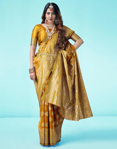 Vasthrlay Banarasi Jacquard Unstitched Yellow Saree
