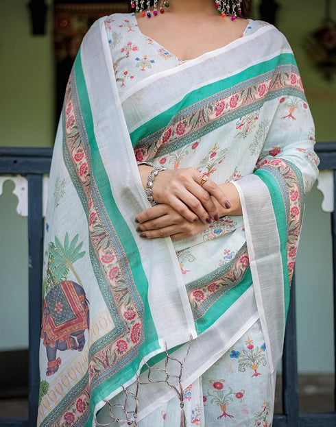 Vasthrlay Womens Printed Unstitched Light Green Saree