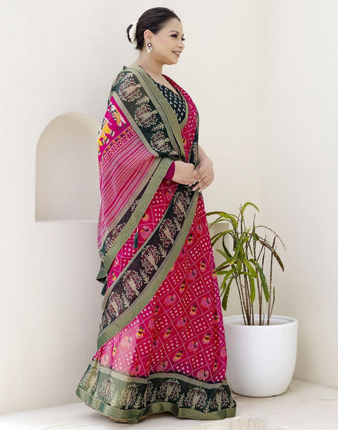 Vasthrlay Georgette Bandhani Pink Saree With Black Unstitched Blouse Piece