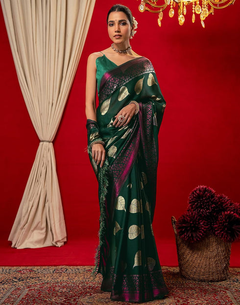 Vasthrlay Chiffon Printed Black | Dark Green Saree With Unstitched Blouse Piece