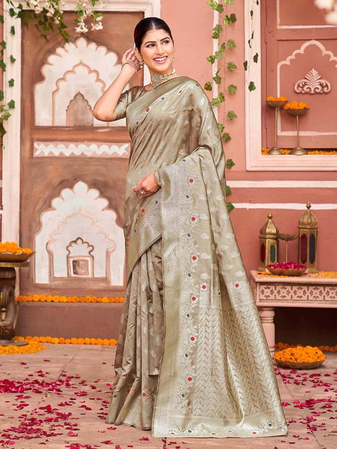 Vasthrlay Womens Weaving Dark Beige Saree With Unstitched Blouse Piece