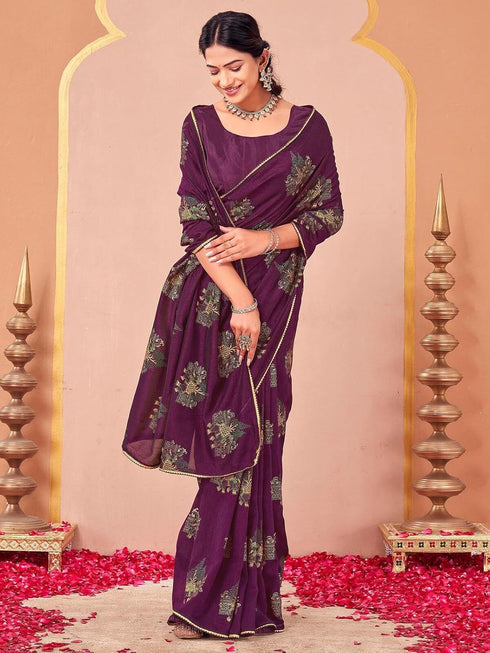 Vasthrlay Vichitra Printed Unstitched Maroon Saree