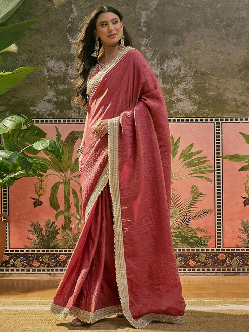 Vasthrlay Womens Tissue Maroon Saree With Unstitched Blouse Piece