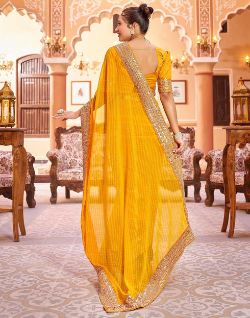 Vasthrlay Embroidery Georgette Light Yellow Saree With Unstitched Blouse Piece