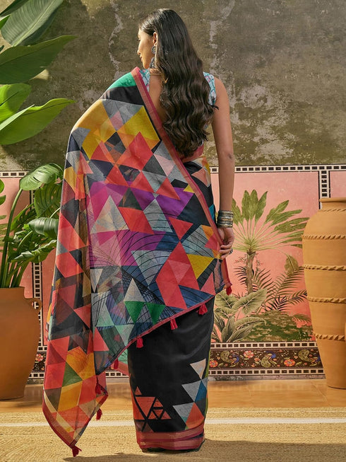 Vasthrlay Geometric Printed Unstitched Black Saree
