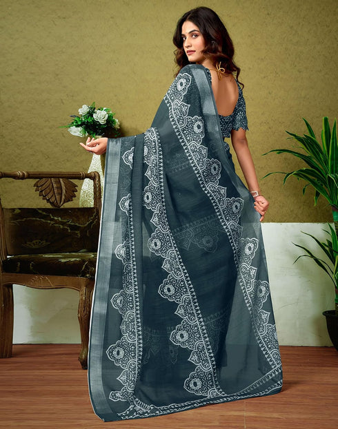 Vasthrlay Womens Cotton Printed Grey And White Saree With Unstitched Blouse Piece