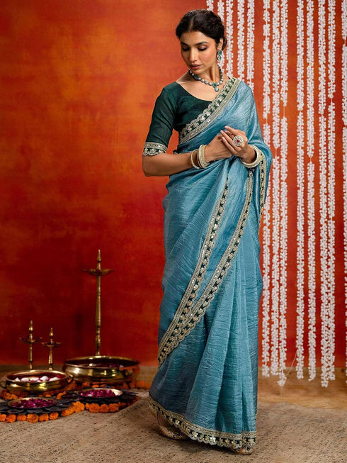 Vasthrlay Sequins Embroidery Olive Saree