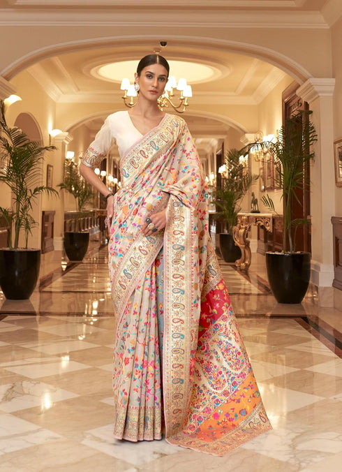 VasthrlayKanjivaram Unstitched Kashmir Cream Free Ethnic Wear